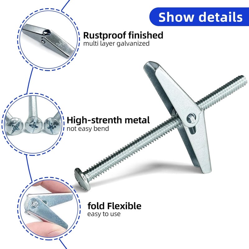 Instockbolts براغي توغل 1/8" x 2" وصمولة جناح - مثبتات توغل الربيع - مثبتات حائط ثقيلة للحوائط الجافة، فولاذ كربوني 20 قطعة - Image 3